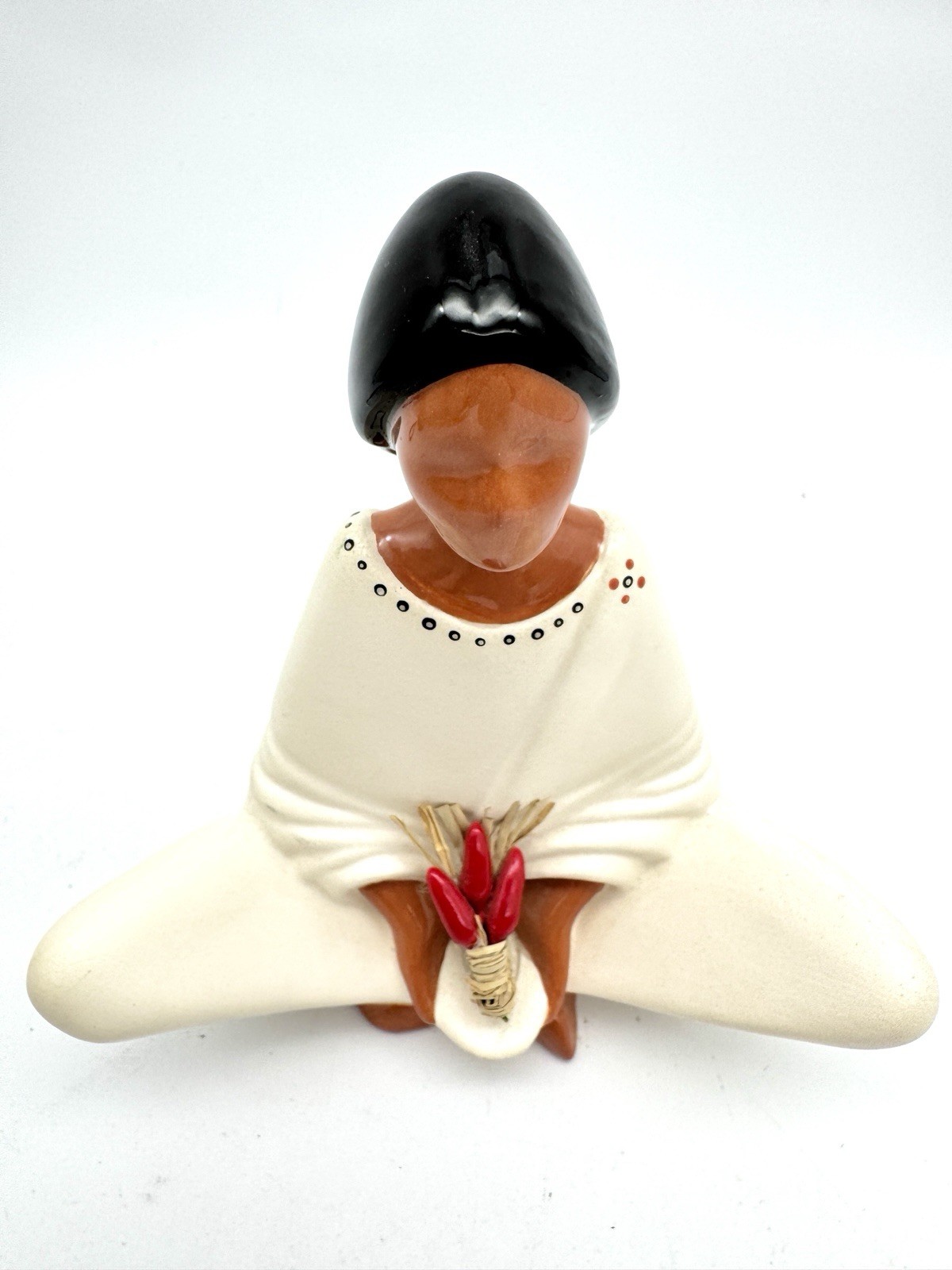 Signed Southwest Ceramic Figurine — Seated Native Woman w/ Chili Peppers -Lynn