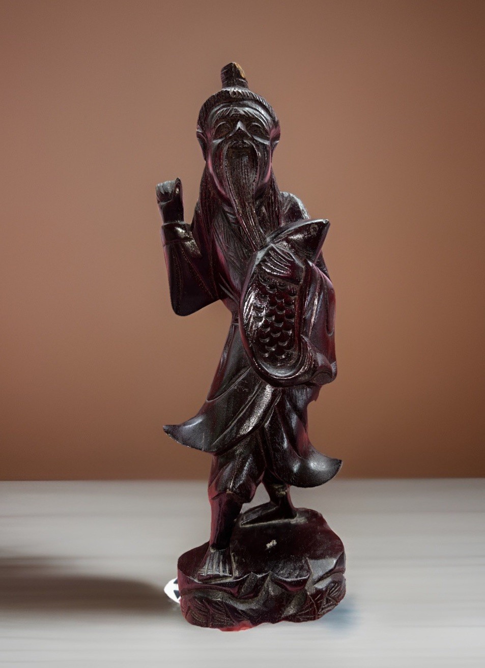Vintage 12” Tall Hand Carved Wood Asian Man with Fish Figurine Age Unknown