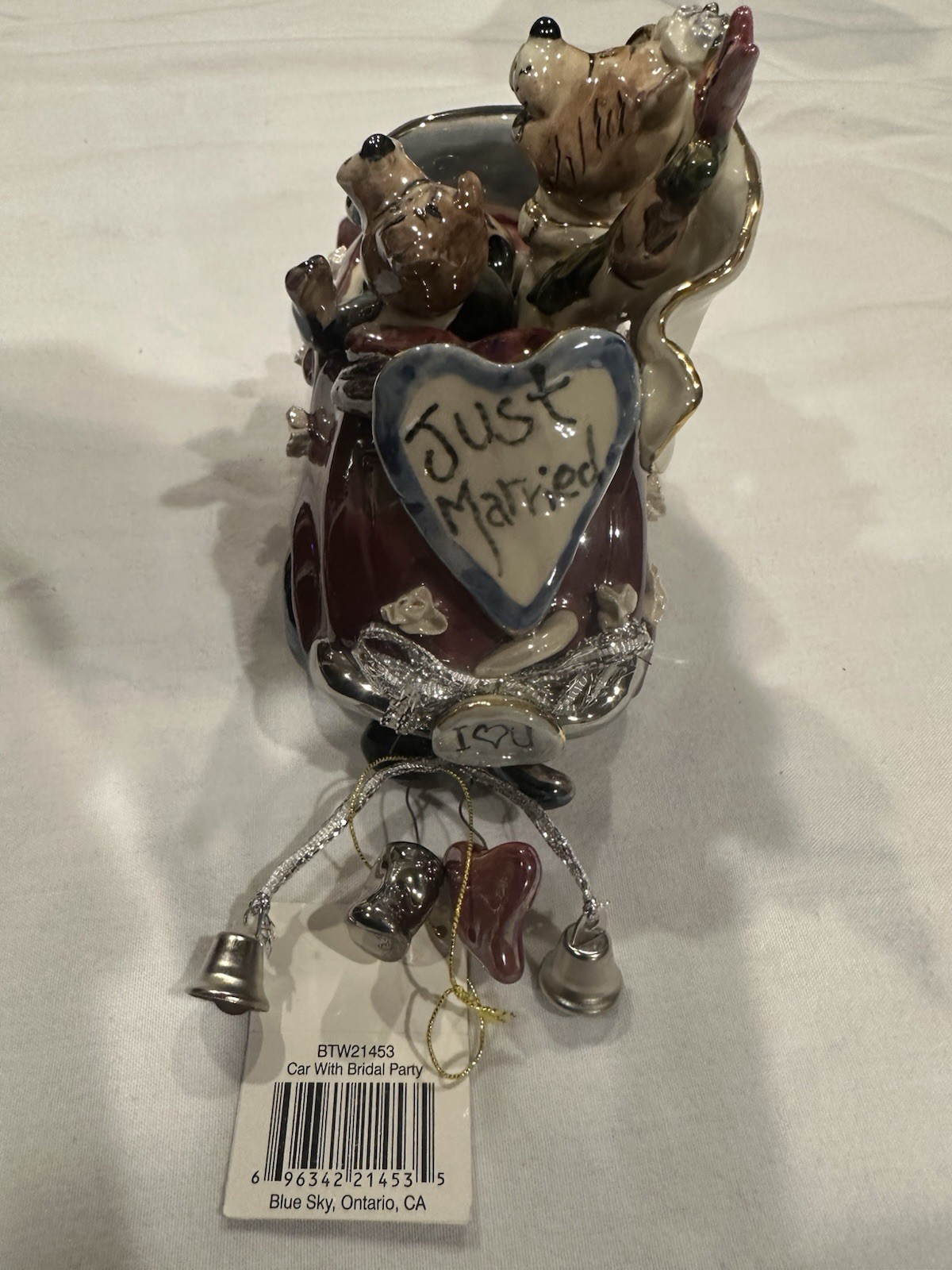 Blue Sky Ceramic Wedding Car Figurine Bridal Party “Just Married” 3D Glossy