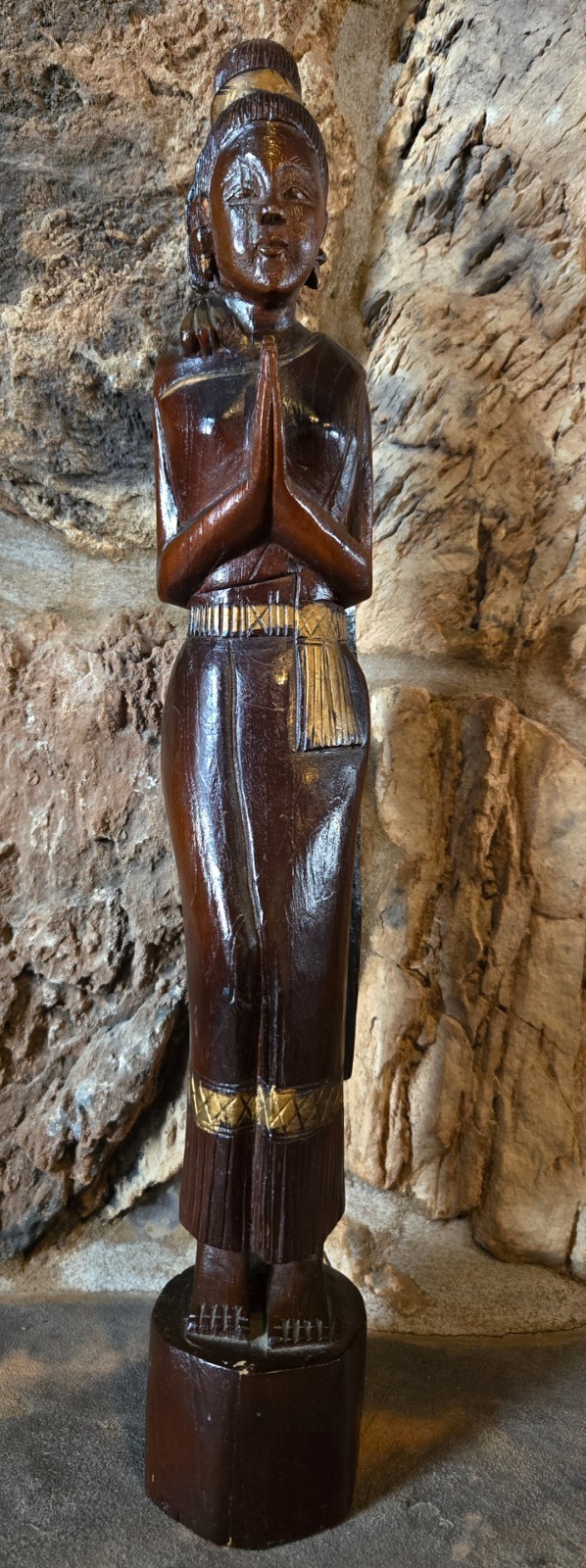VTG Thai Sawasdee Lady Statue Hand Carved Wood Wai Welcome Gold Accents 20″x3″