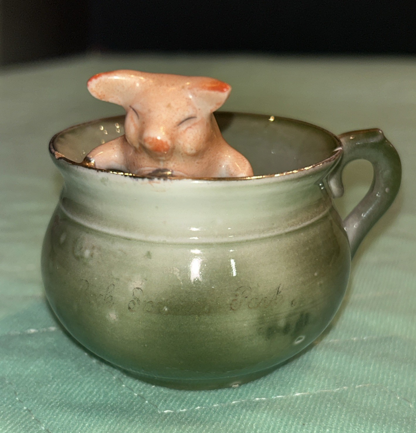 Antique Green German Fairing Porcelain Pig Piggy In A Cup Rock Springs Park