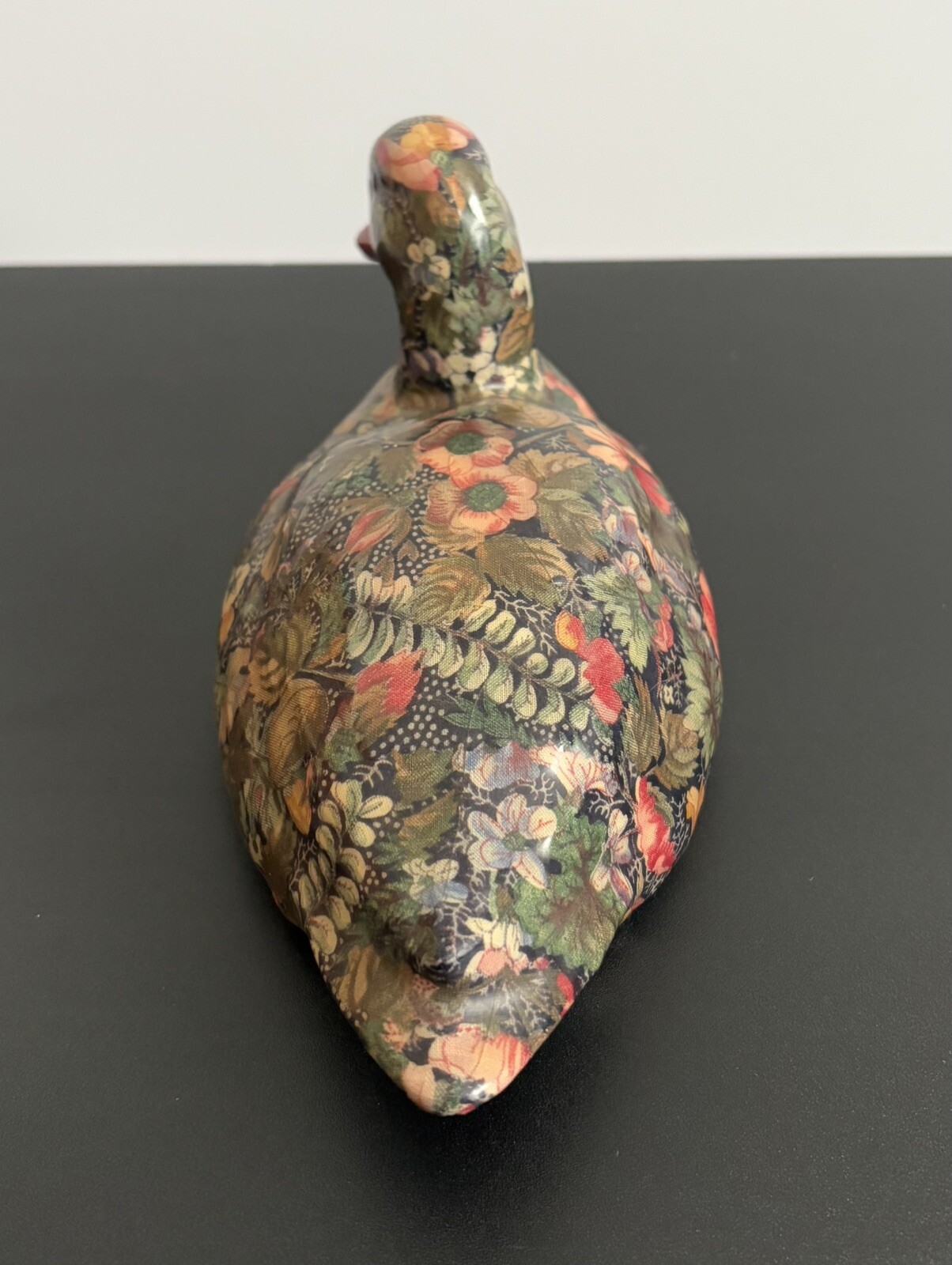 VTG Floral Patchwork Decoupage Wooden Duck Decoy Figurine With Red Bill