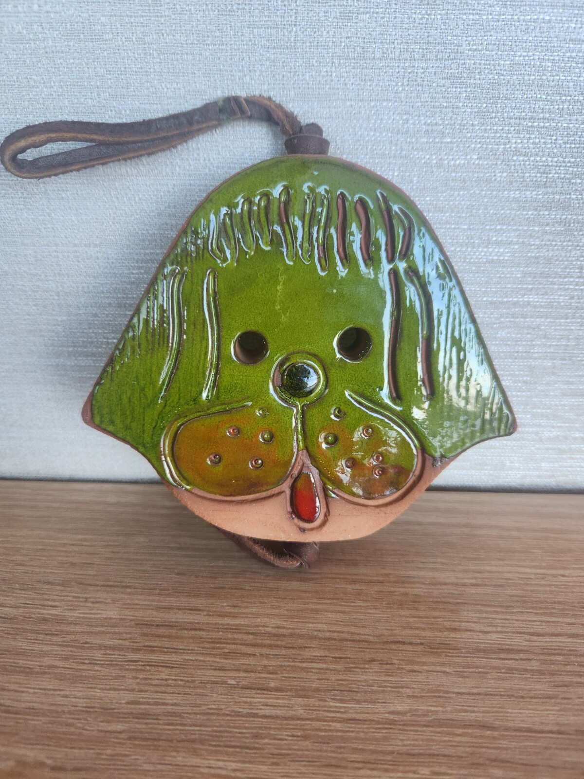 Vintage Hanging Terra Cotta Clay Green Glazed Dog Face On Leather Cord 2 Sided