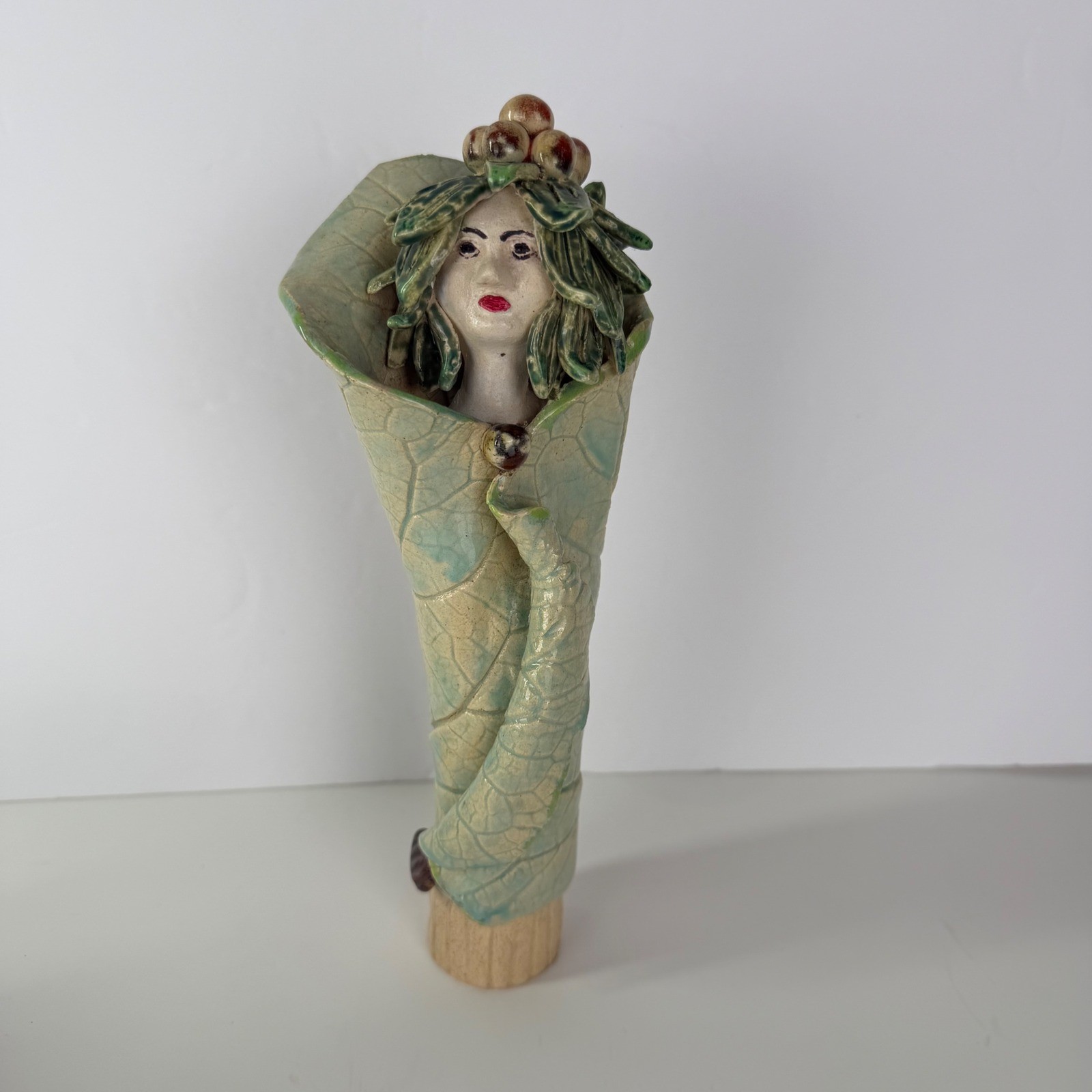 Handmade Ceramic Leaf Woman Figurine Nature Goddess Studio Pottery Sculpture 10″