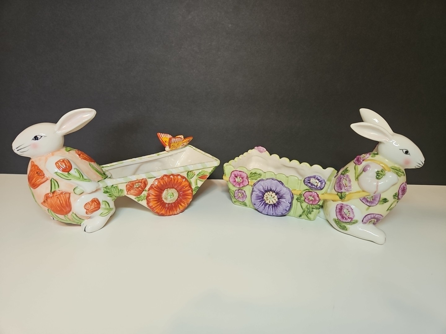 2 VILLEROY & BOCH 1748 Bunny Rabbit Pulling Cart Easter Decor Butterfly Poppy