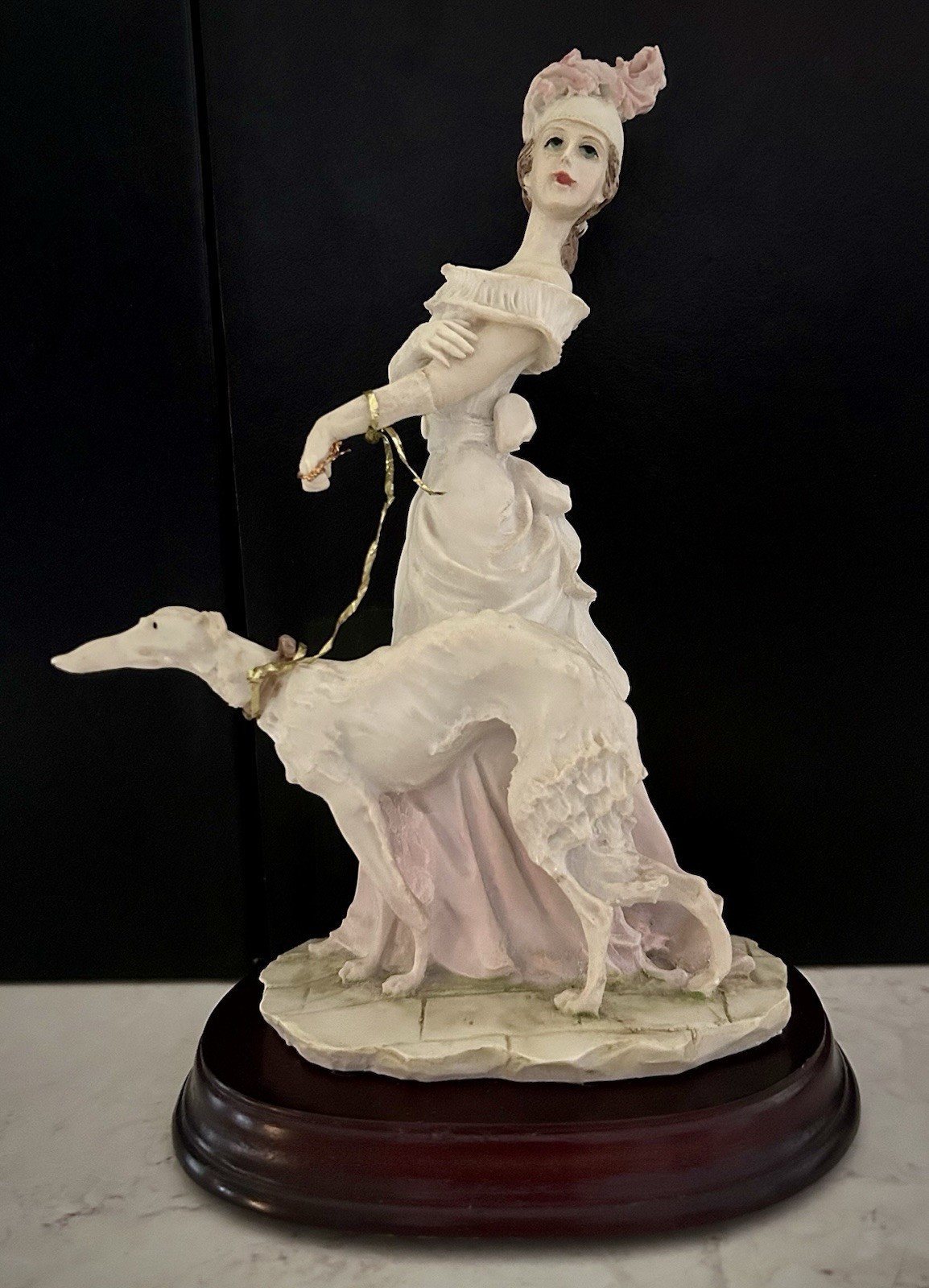 8” ELEGANT La Verona Gibson Lady & Borzoi Russian Sighthound Dog W/ Wood Base