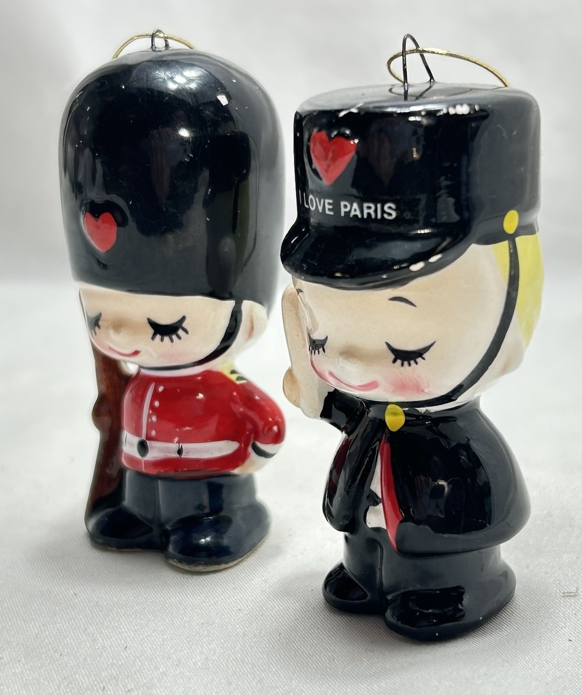 Vintage Paris Guard Soldier Figurine Ornaments Set of Two Black Hat Red Coat