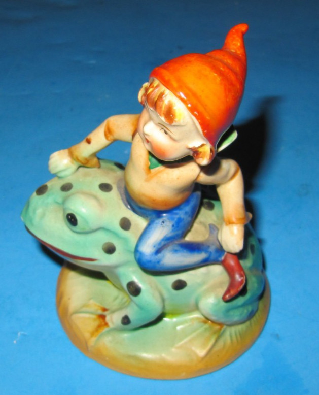 Occupied Japan Pixie Fairy Elf Riding Spotted Frog Figurine Vintage ~ Free Ship!