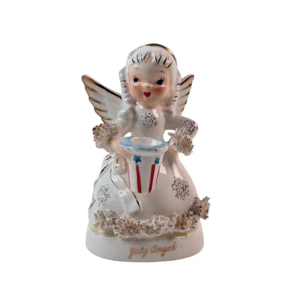 Lefton July Birthday Angel Figurine Porcelain Spaghetti Ruffle 1950s Made Japan