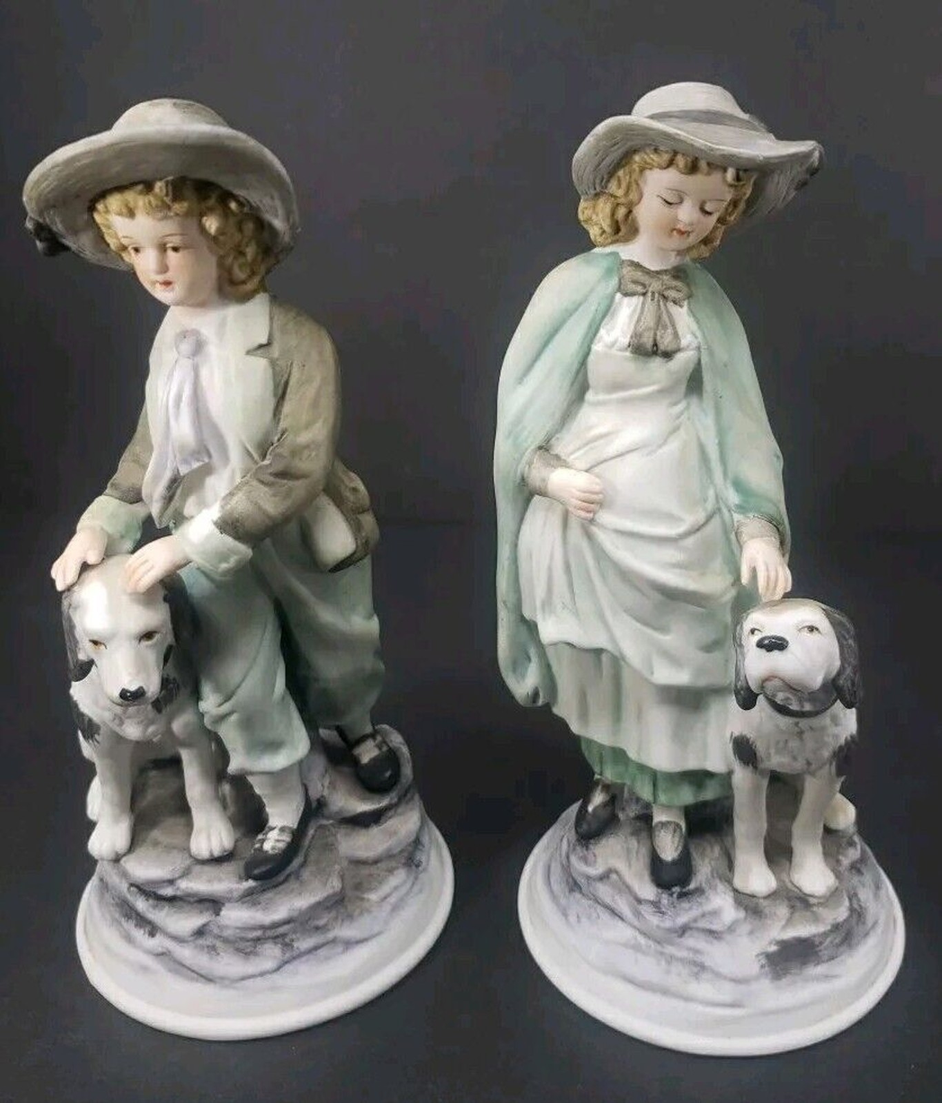 Andrea by Sadek Boy & Girl Dog Bisque Porcelain Figurines Ethan Allen 3213A VTG