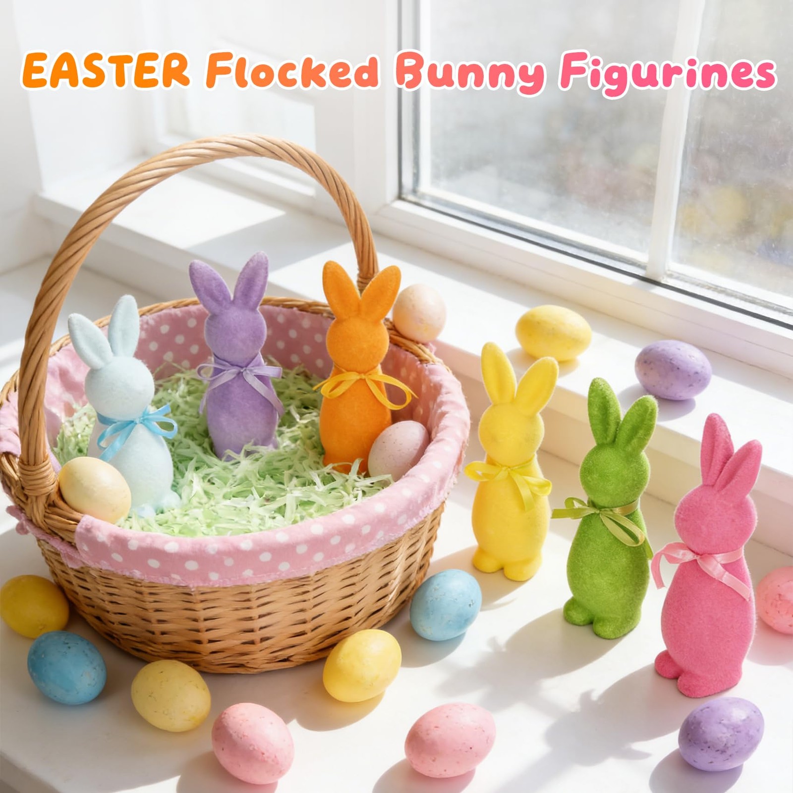 Easter Bunny Figurines 8.8″ Flocked with Bow Tie – Spring Table Decor Set of 6