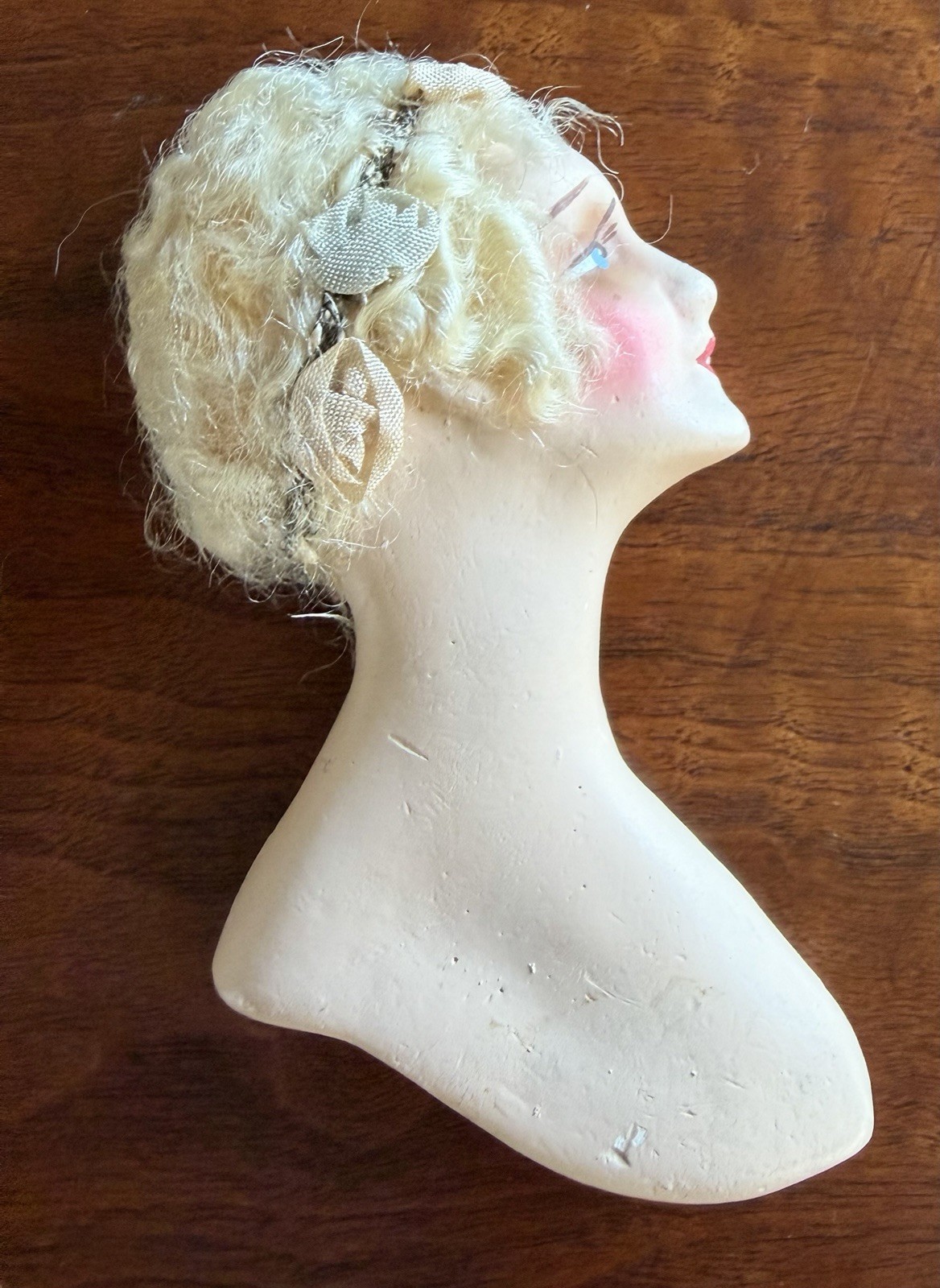 Vintage Bust Chalkware KG FLAPPER GIRL DOLL Head Hand Painted Wig Flat Back