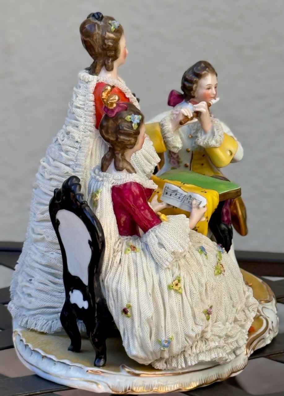 Vintage Dresden Lace Figurine–Three Musicians–WONDERFUL!!