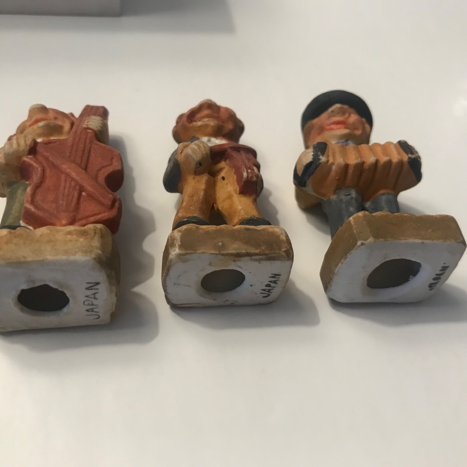 Vintage Ceramic/Chalkware 2” Figurines Men Playing Instruments Japan