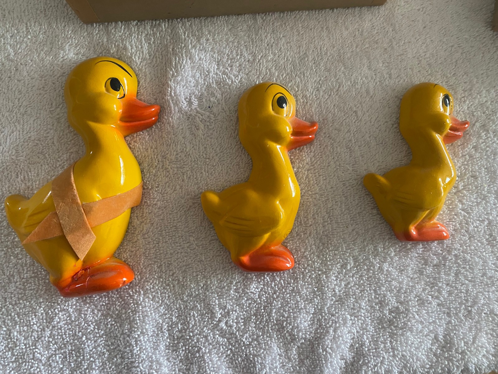 Vintage Midcentury Yellow Ducks Wall Plaque Chalk Plaster Set of 3