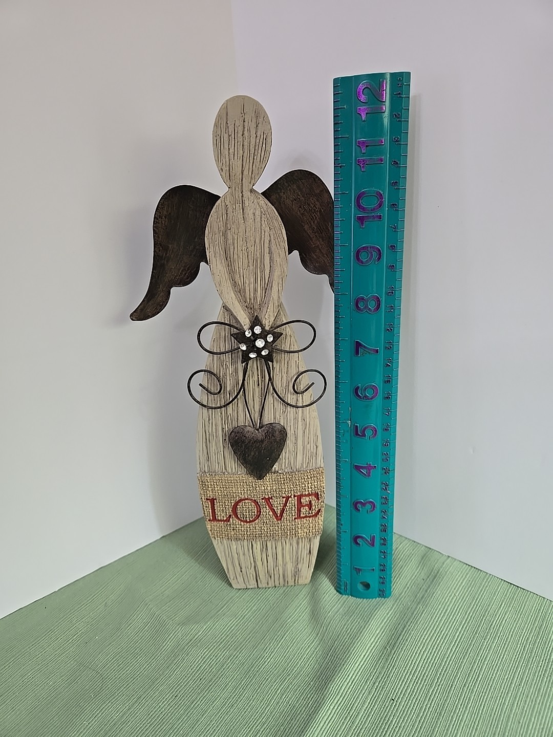 Rustic Farmhouse Wood Angel Gray Rusty Metal Wings Heart Love Rhinestones