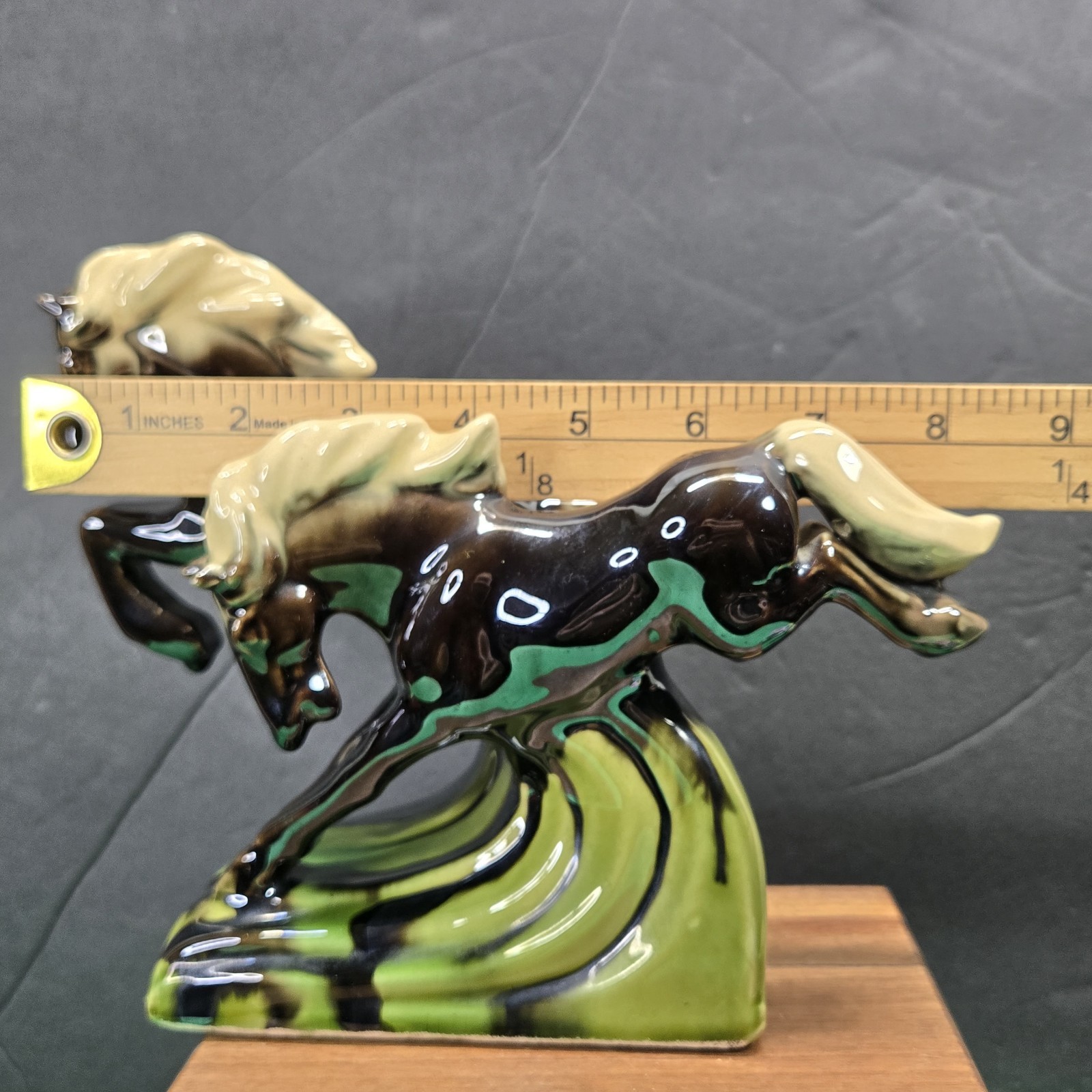 Double Horse Galloping Glazed Ceramic Figurine MCM Art Deco Black & Green Nice!!