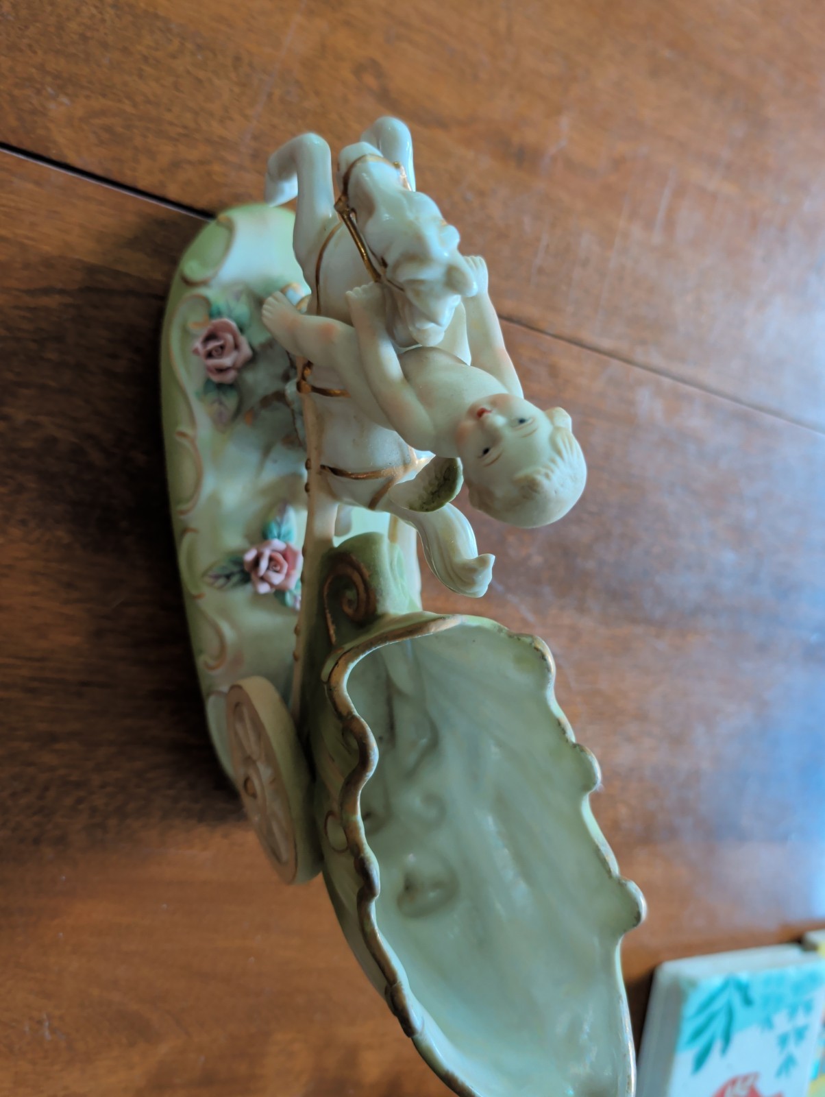 Lefton China Japan Bisque Green Gold Carriage Cherub On Horseback Pink Roses