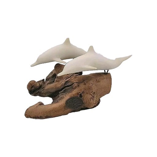 John Perry 2 White Dolphin Figurines On Burl Driftwood Sculpture Signed