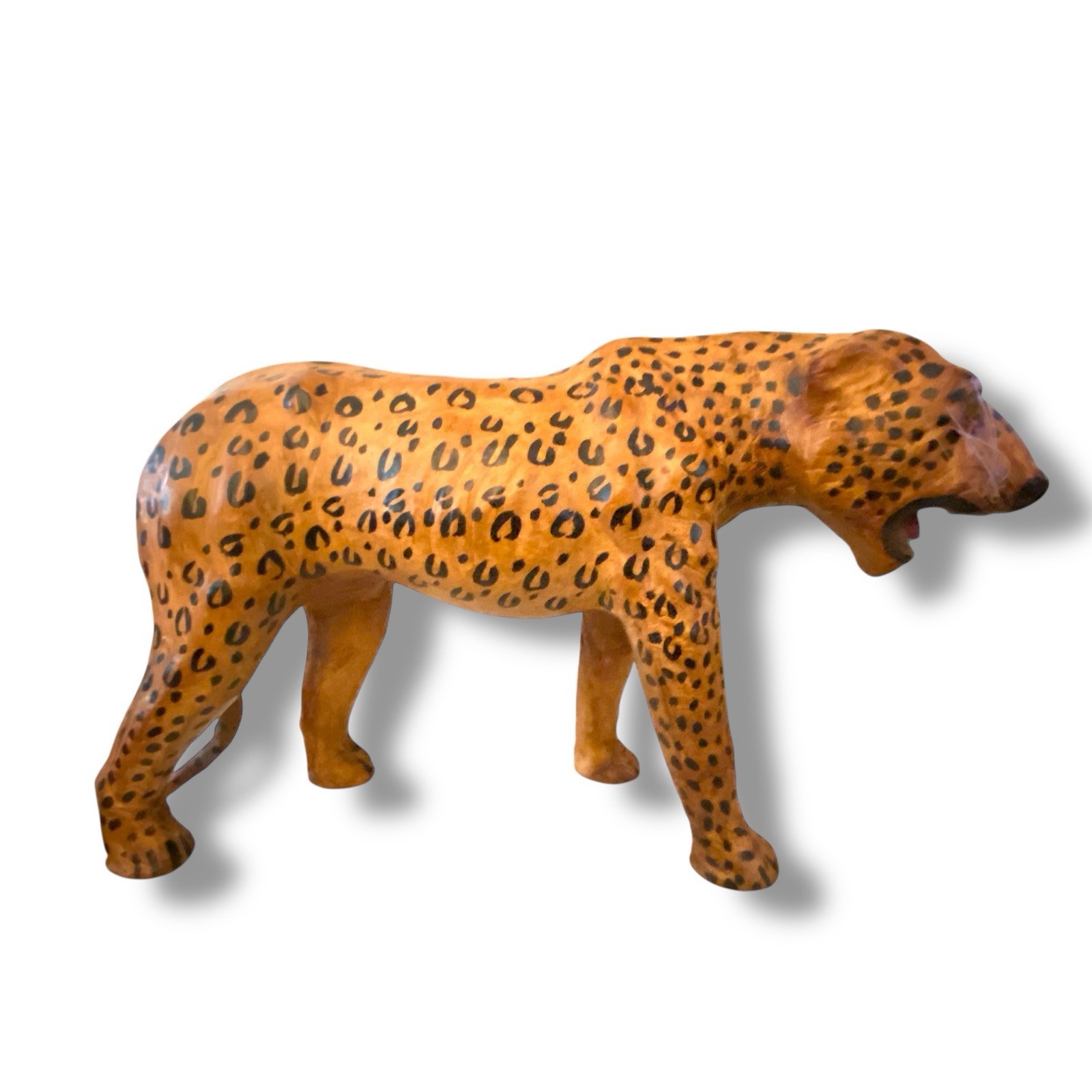 Vintage Leather Wrapped Leopard Cheetah Cat Glass Eyes 16”L x 10” Shelf Style