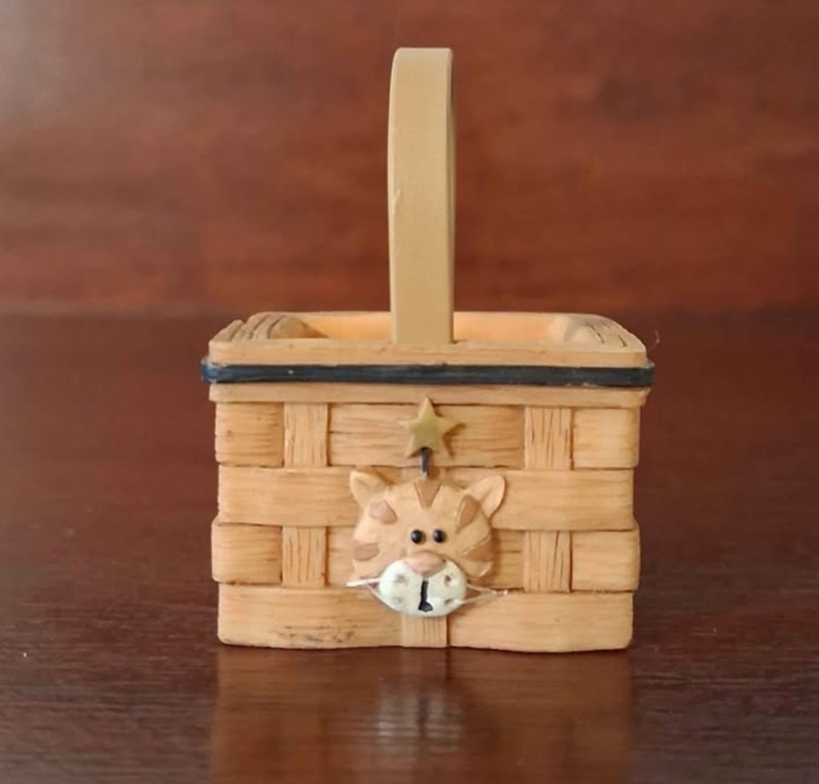 Vintage Blossom Bucket Yellow Striped Cat Square Basket Figurine by Suzi…