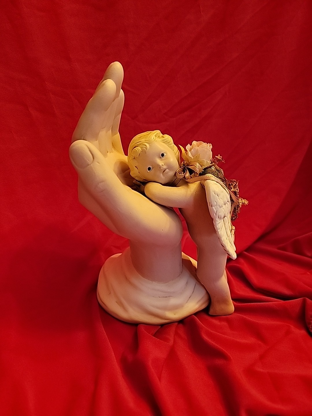 Vintage Ceramic Hand Of God With Resting Cherub And Floral Decoration
