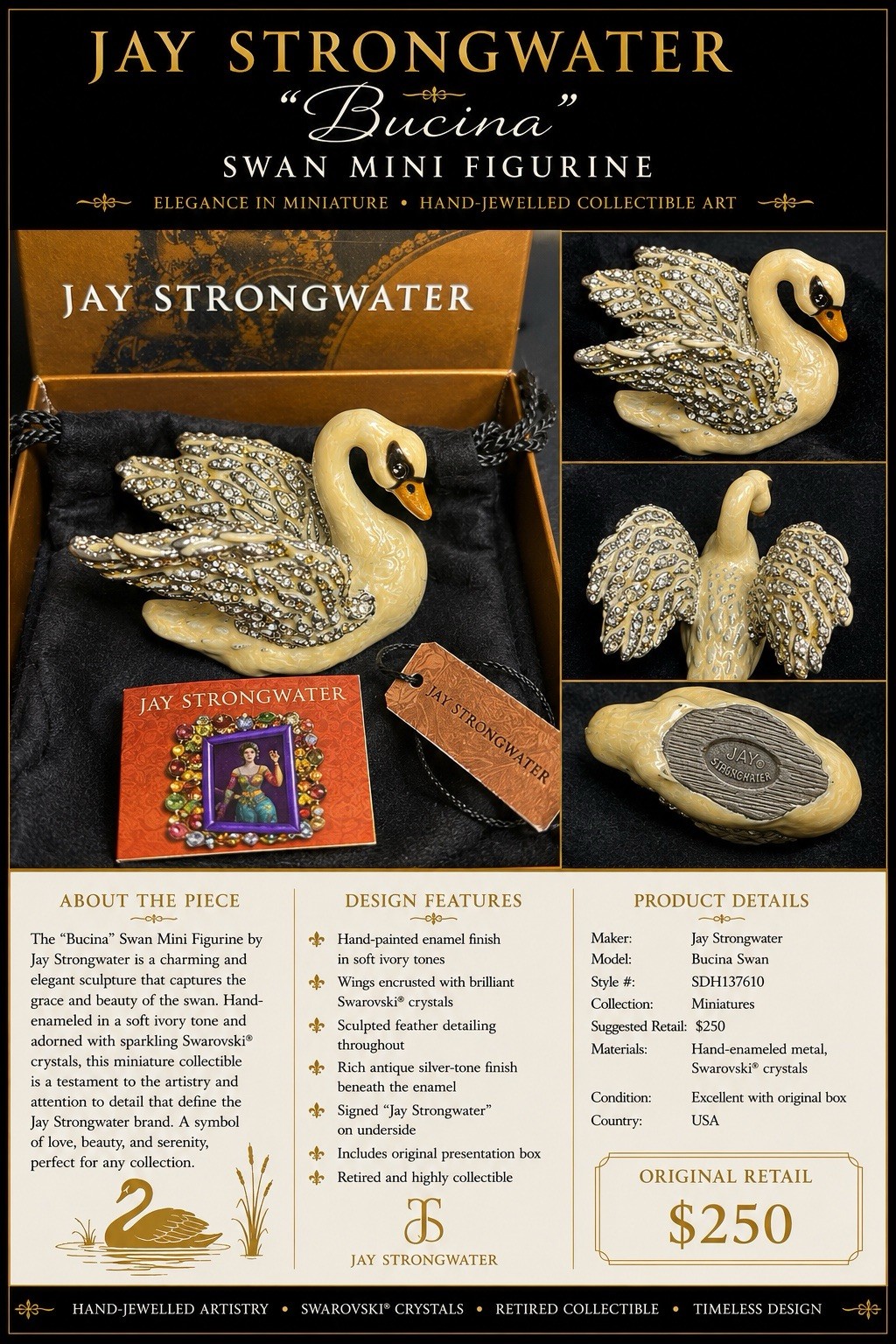 JAY STRONGWATER ENAMEL AND SWAROVSKI CRYSTAL SWAN FIGURINE, CREAM/SILVER