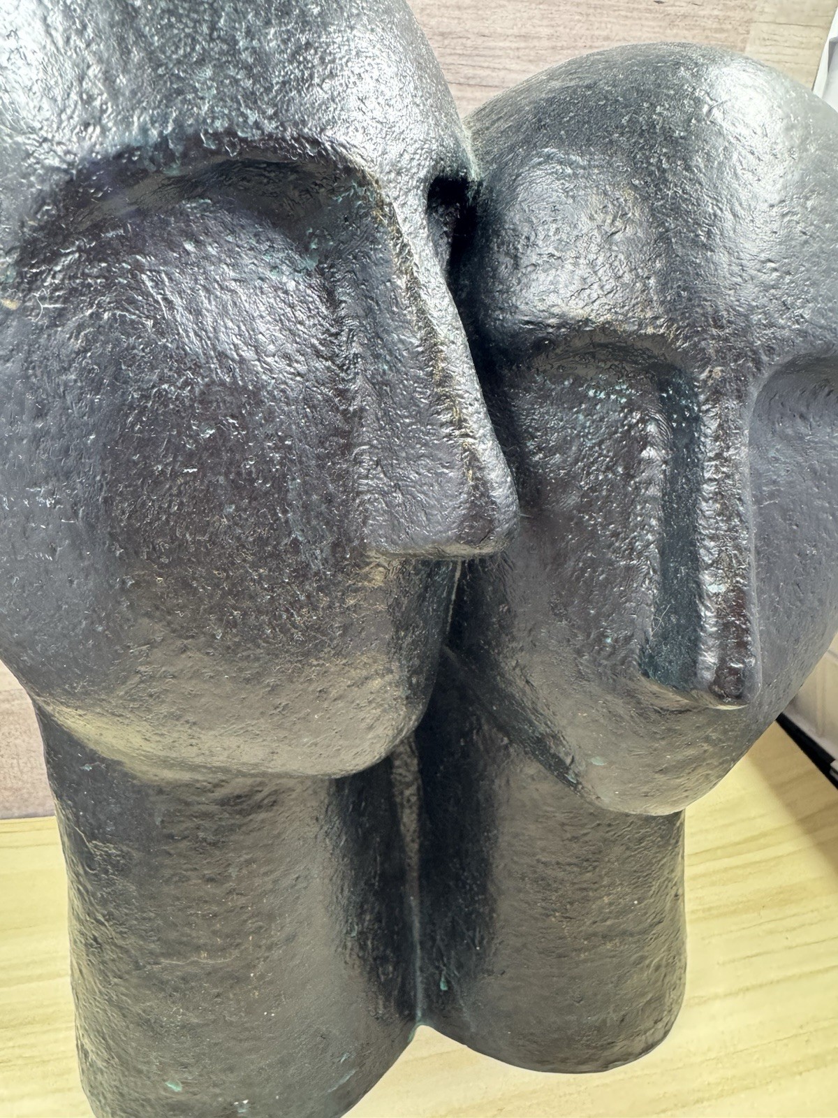 Contemporary Two Heads Resin 11” Sculpture Black Blue Patina