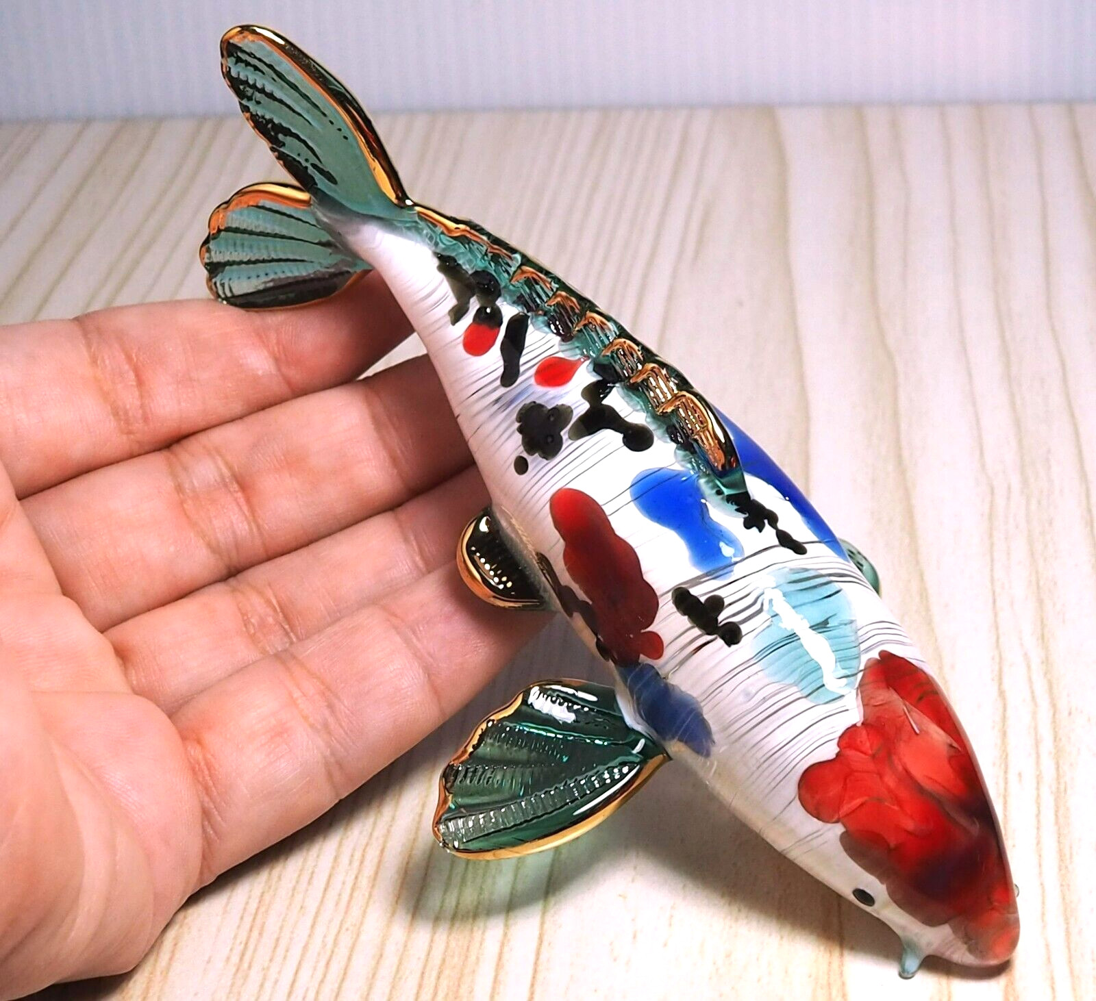 Japanese CARP Koi Fish figurine hand blown art glass gold trim 5″ Gift decor