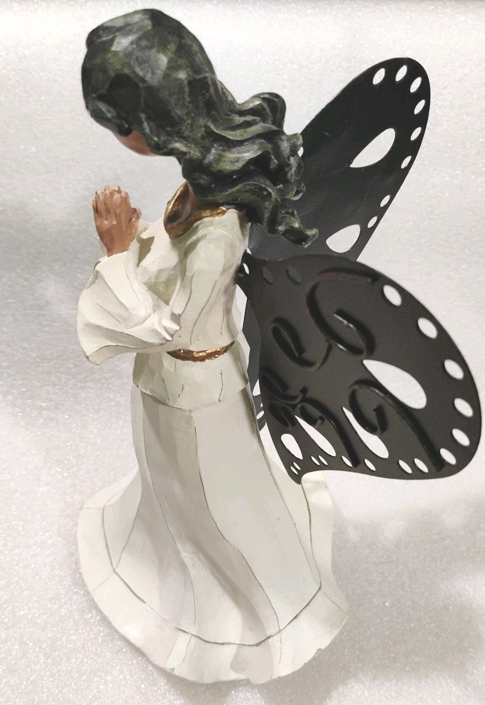 Ceramic Praying Angel Metal Wings Gold Sash