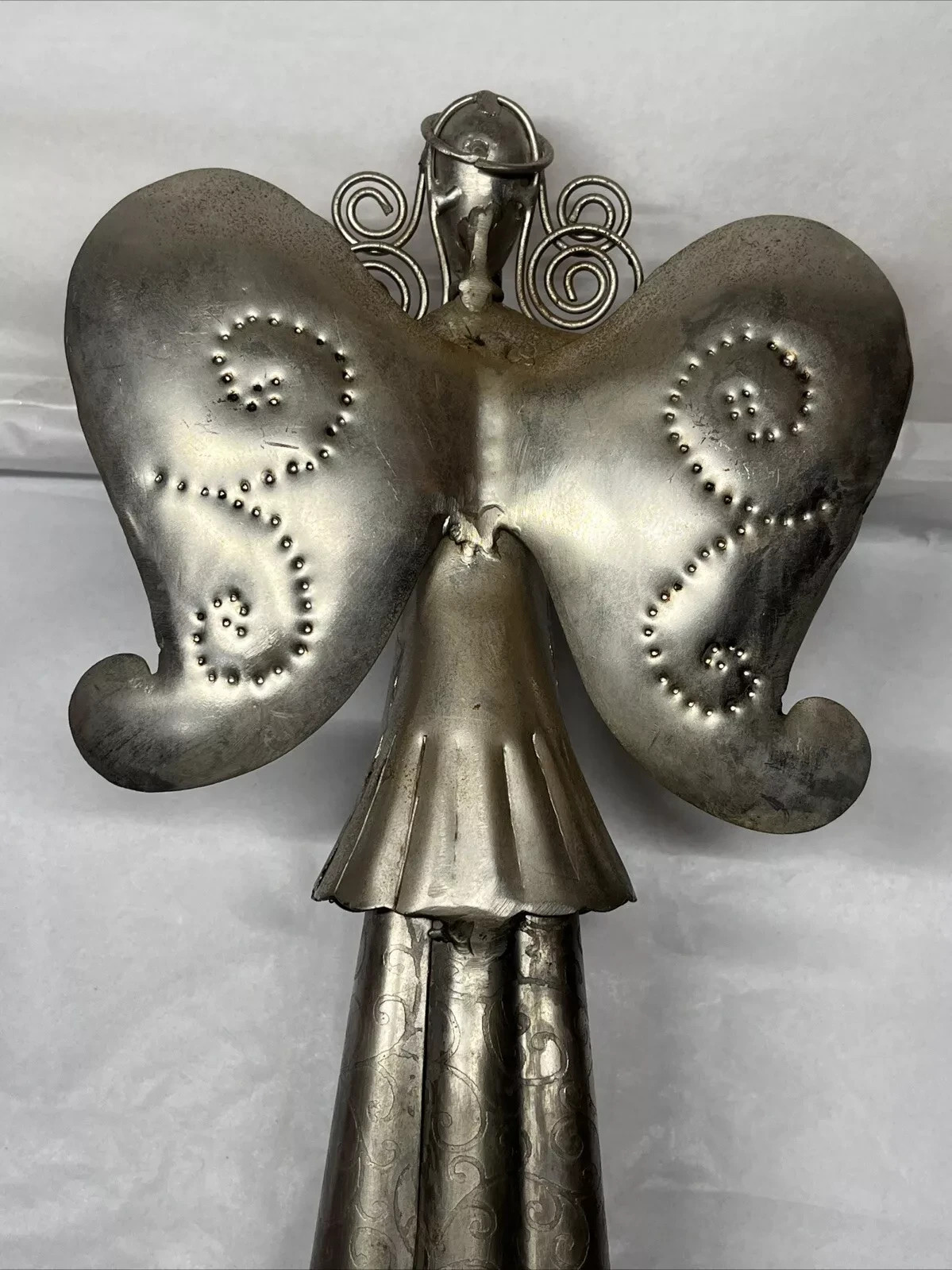 Metal Sculpture Folk Art Angel Playing Horn 17″ Tall Vintage
