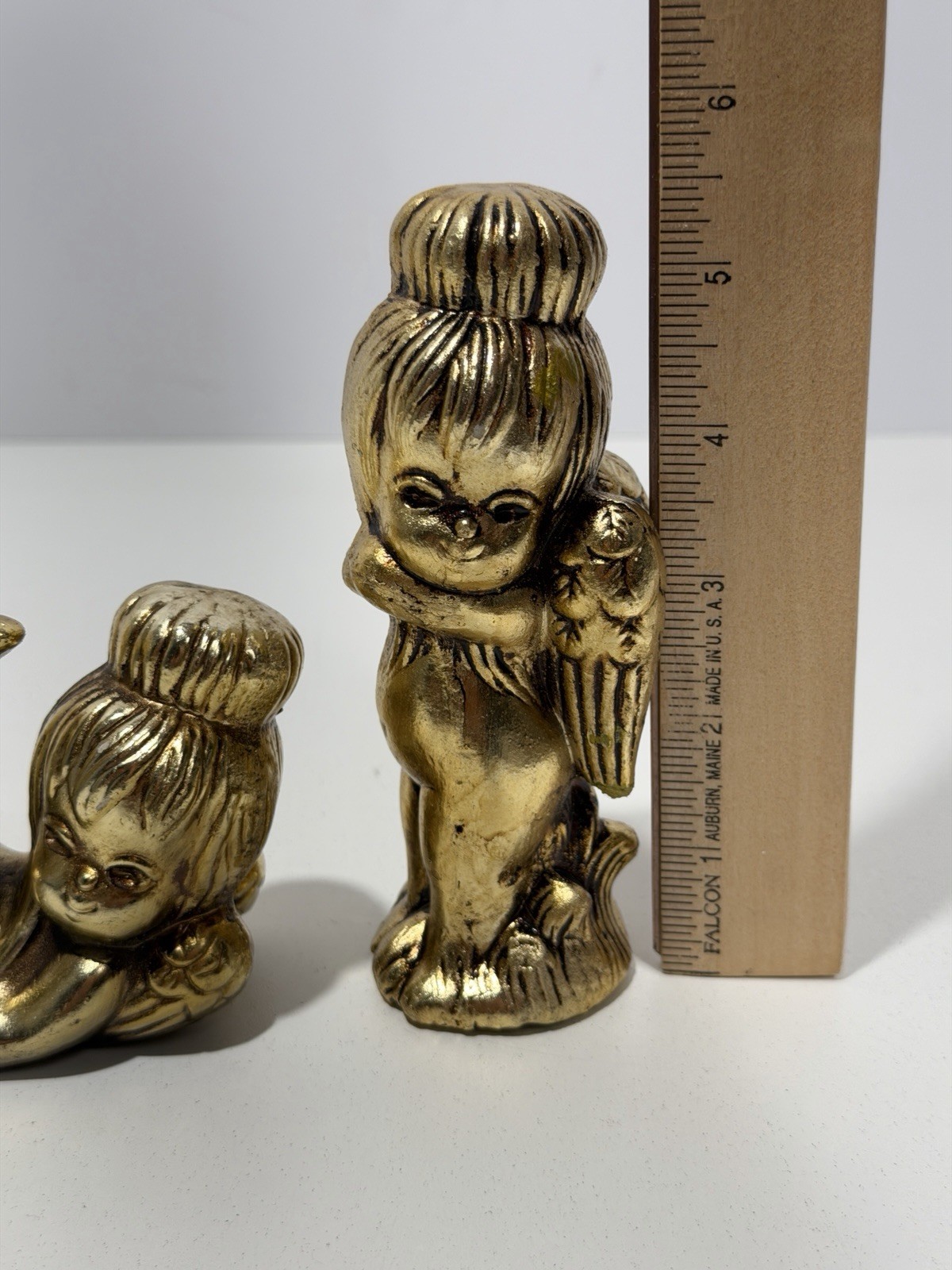 Flower Child Angels 70s Kitschy Figurines Gold Cherub Green Eyes MCM Japan 3 Set