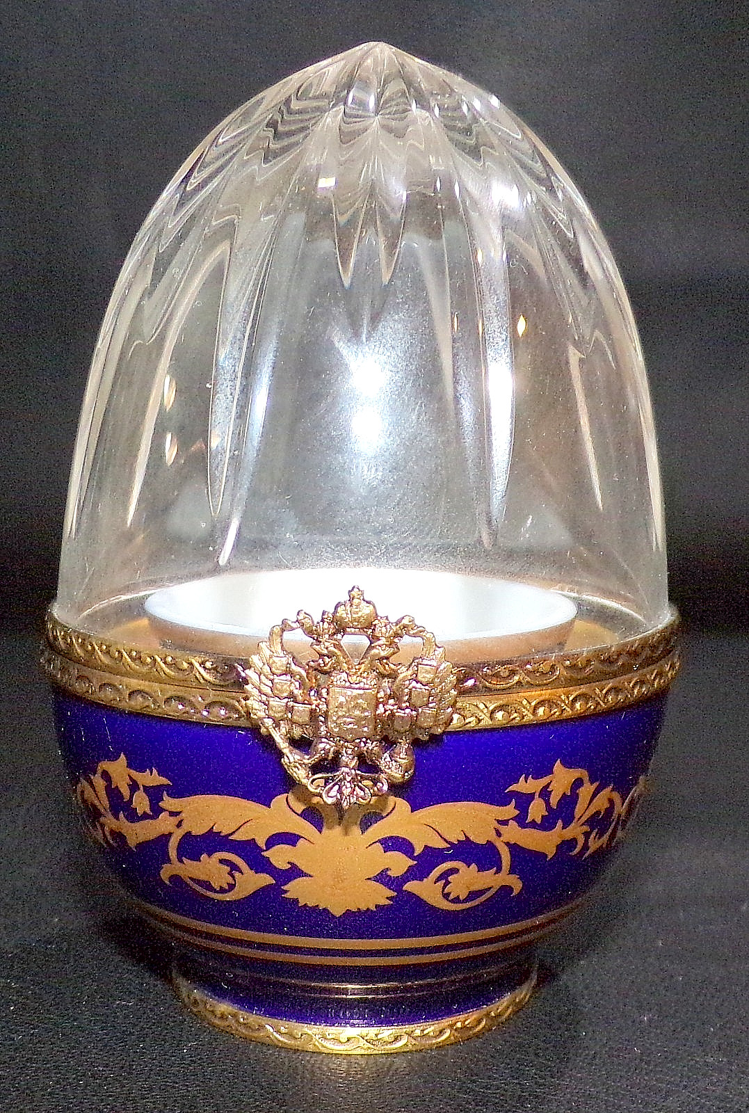 FABERGE Limoges Egg With BLUE CUP INSERT Glass & Porcelain 4″ tall