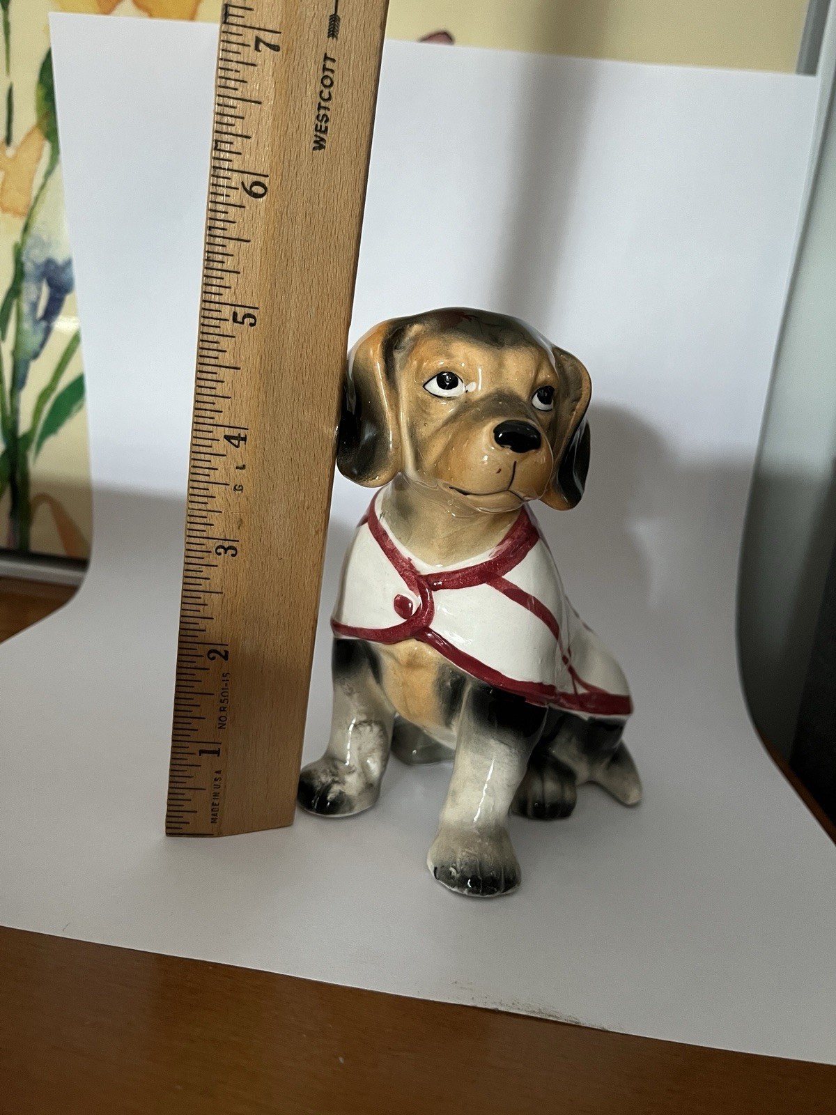 1960s Leftonhand painted Ceramic Dog Glossy Finish Red/White Blanket 5″ 7807