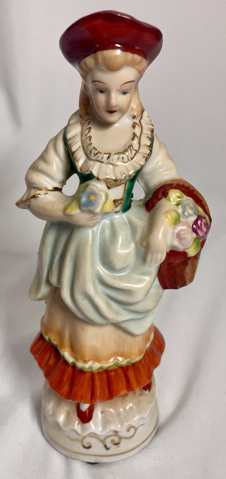 Porcelain Woman Lady Flowers Basket Figurine Made Handpainted Occupied Japan 8”