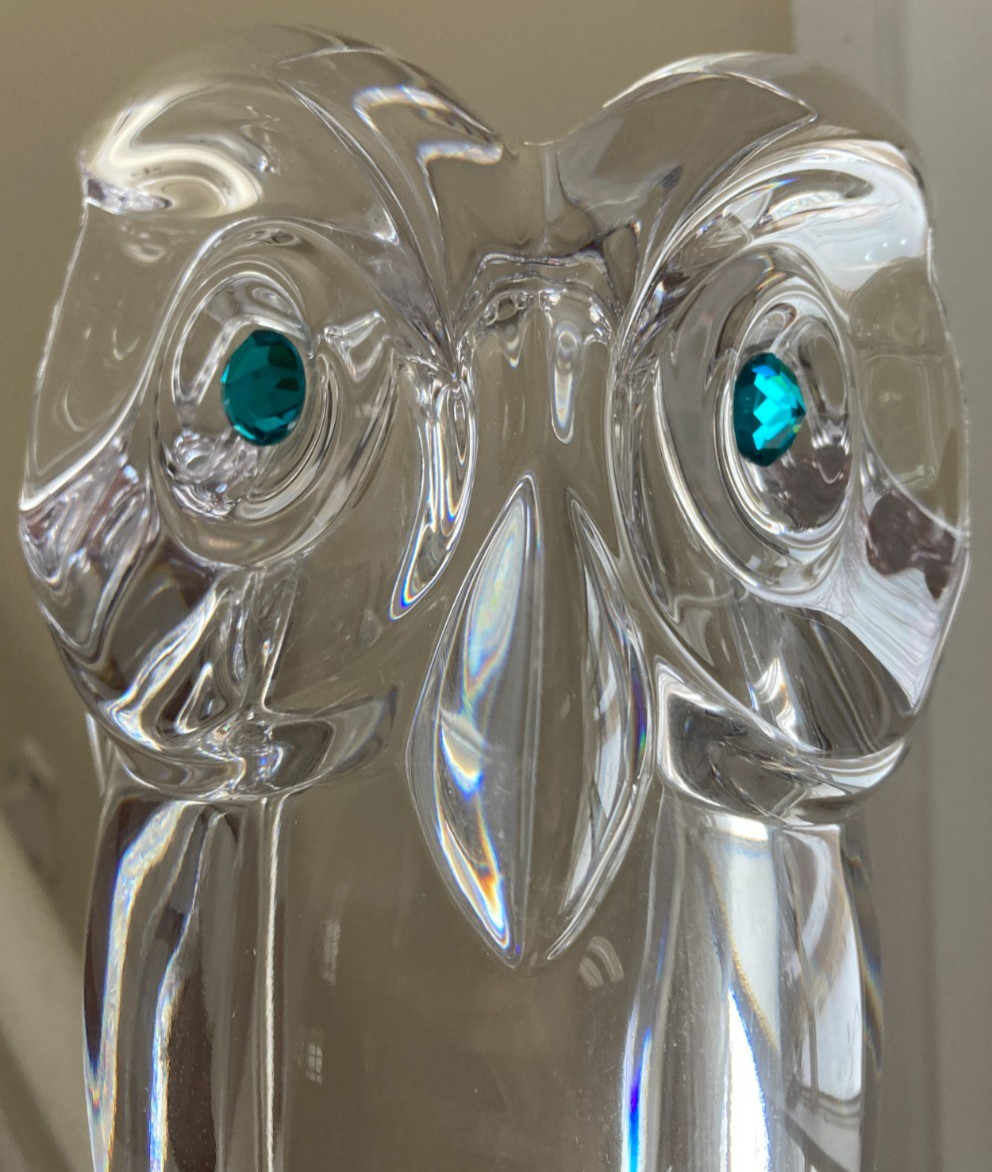 Vintage Cristal de Sèvres Large-Sized Owl Sculpture With Turquoise Eyes – 12″T