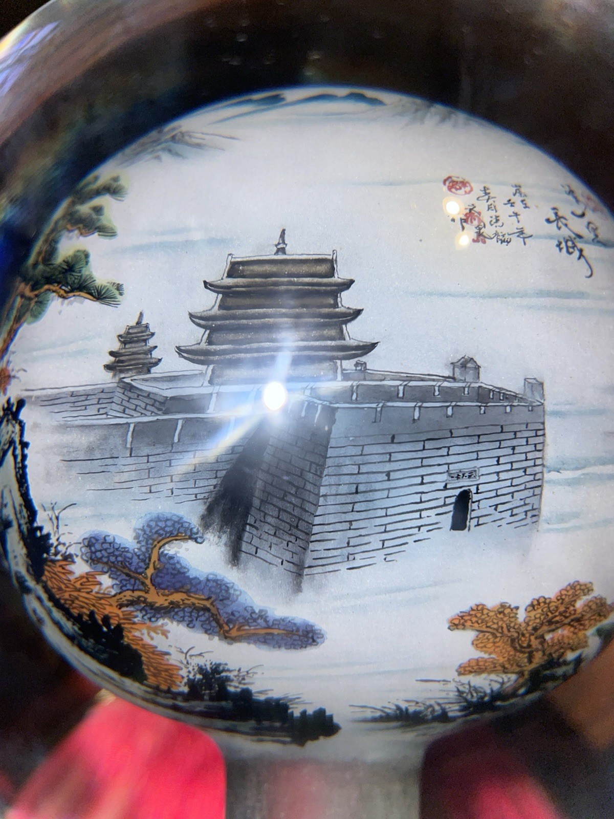 Reverse Hand Painted glass Sphere Great Wall of China . Rare 6” 10lb w/ stand