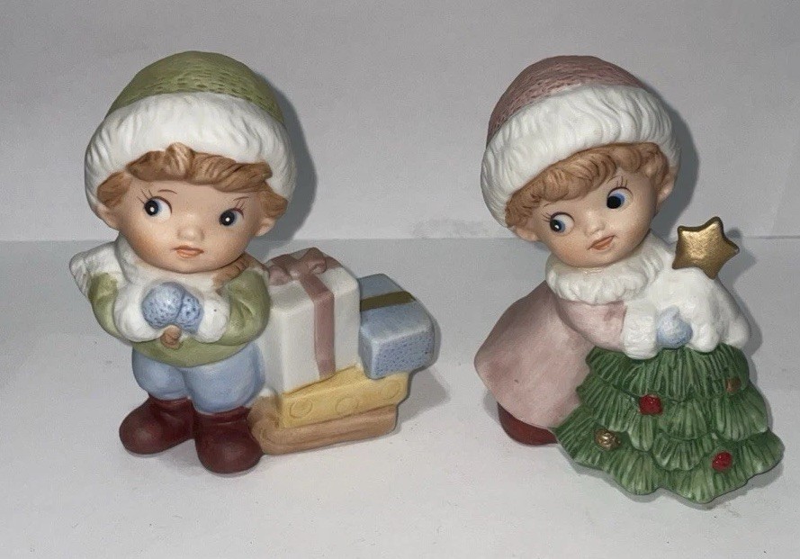 Vintage Homco Christmas 5556 Porcelain Christmas Children Boy & Girl Figurines