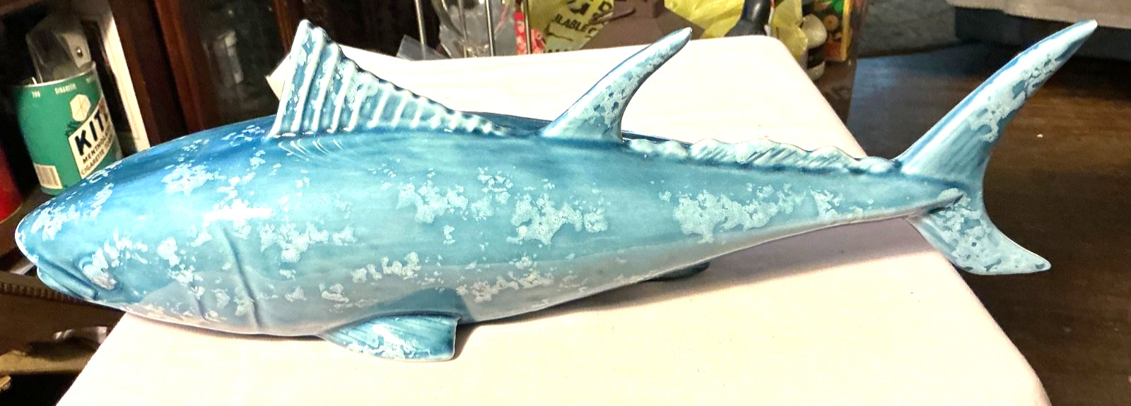 blue ceramic decorative detailed free standing shark 15” long