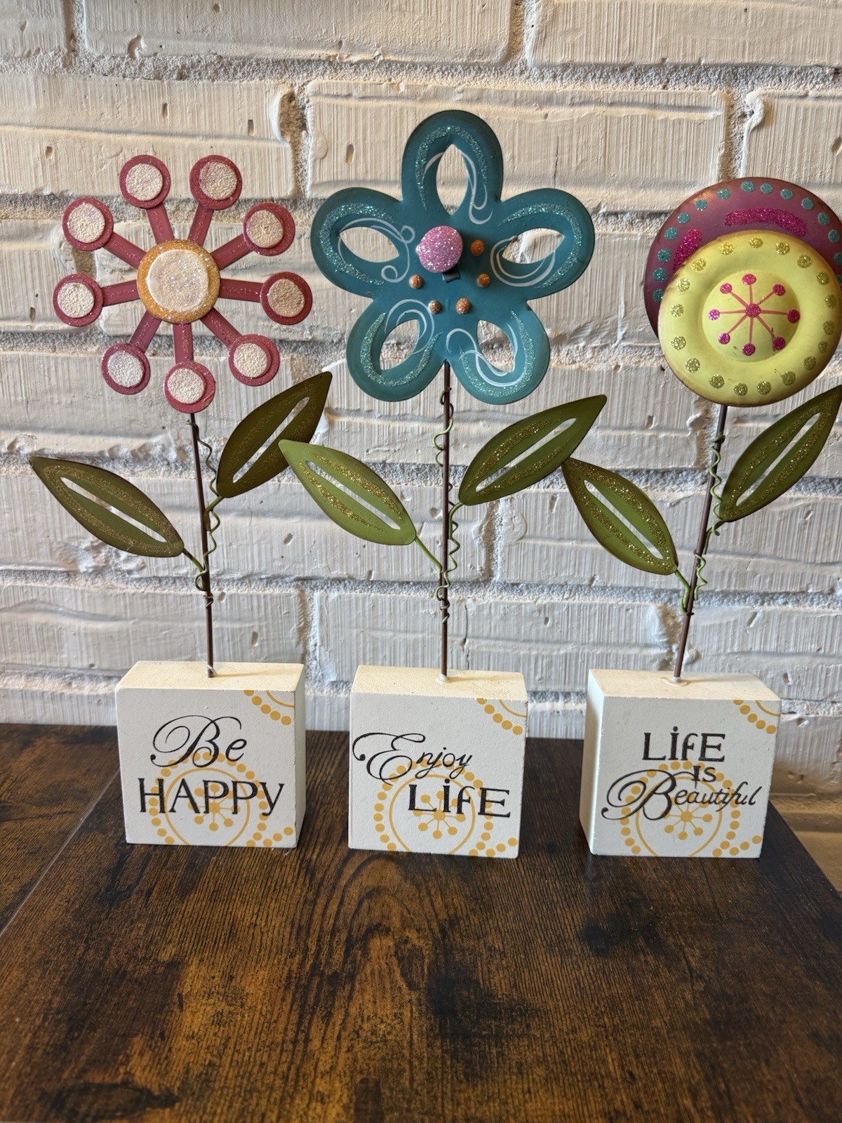Set of 3 Painted Multicolor Flower Figurines Wood/Metal Quote Blocks 14″ 2000s