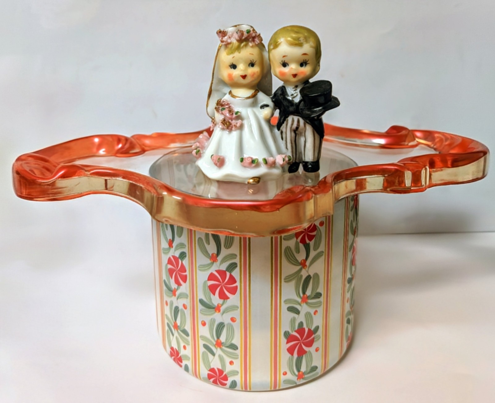 VTG 1950s MCM Kitsch Lefton Signed. Porcelain Bride Groom CakeTopper Bell &Tray