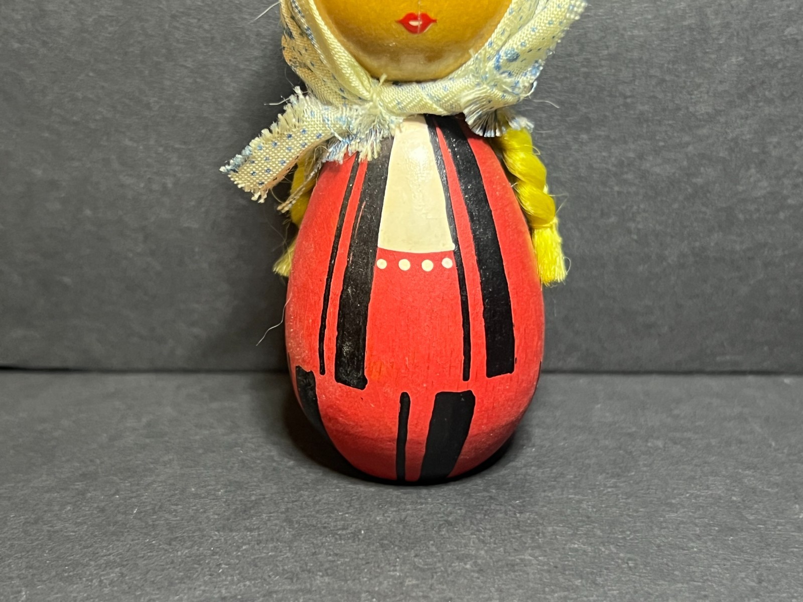 Vintage Hand Painted Red Wooden Easter Egg Babushka Woman Doll w/ Scarf 3.25″