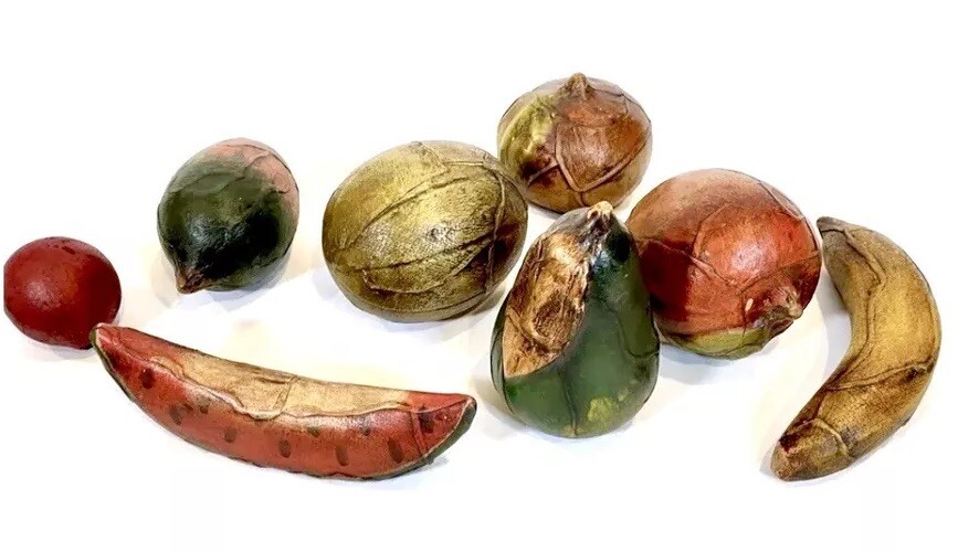 Vintage XL Handmade Leather-Wrapped Clay Fruit & Bowl 9pc Set | Mid-Century