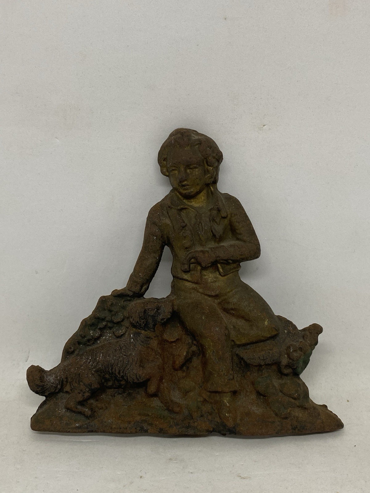 Antique Victorian Boy Petting Dog Sculpture Cast Iron Statue Salvage Parts 4 5/8