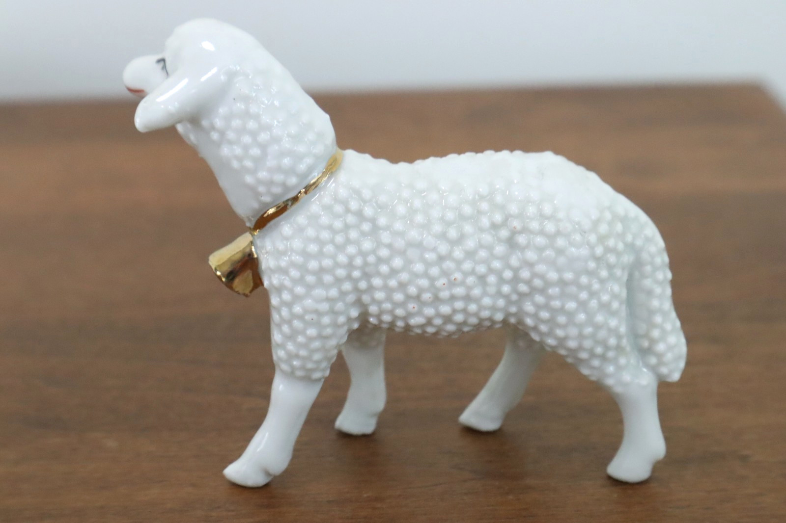 Vintage Porcelain White LAMB Figurine 2.5″ Baby Sheep with Gold Bell Accent