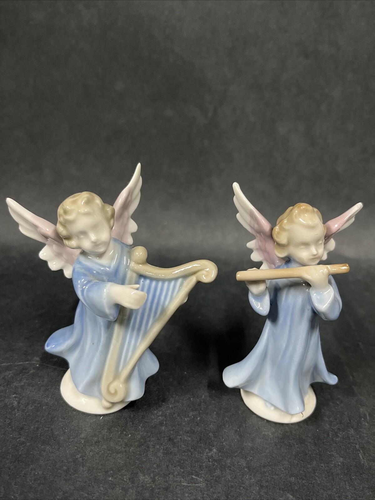 VTG 2pc Mid Century Figures Blue & White Angels Playing Musical Instruments