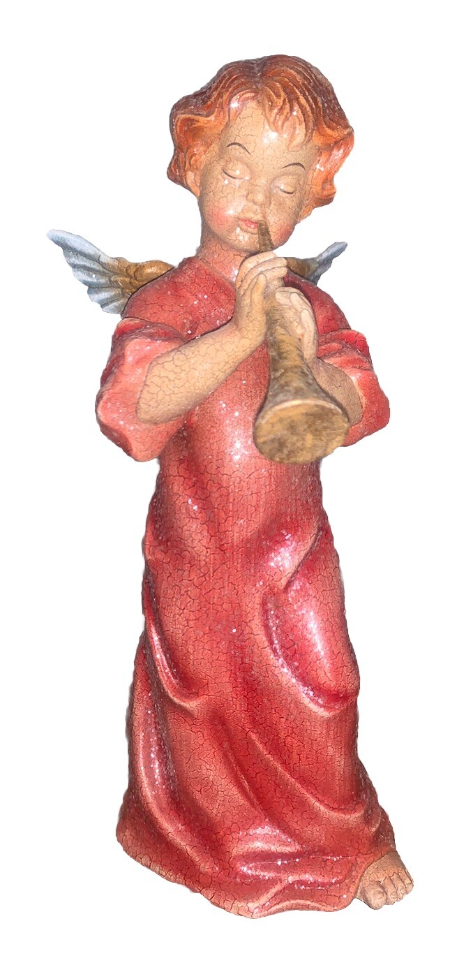 VTG Angel In Red Robe Blowing Horn 9.25”T 4”W 5.5”D Snow Sparkles