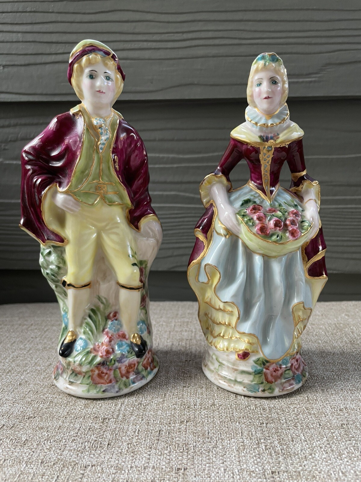 Vintage (1947) Pair Hand Painted Molded Ceramic Figures / Colonial Man and Woman