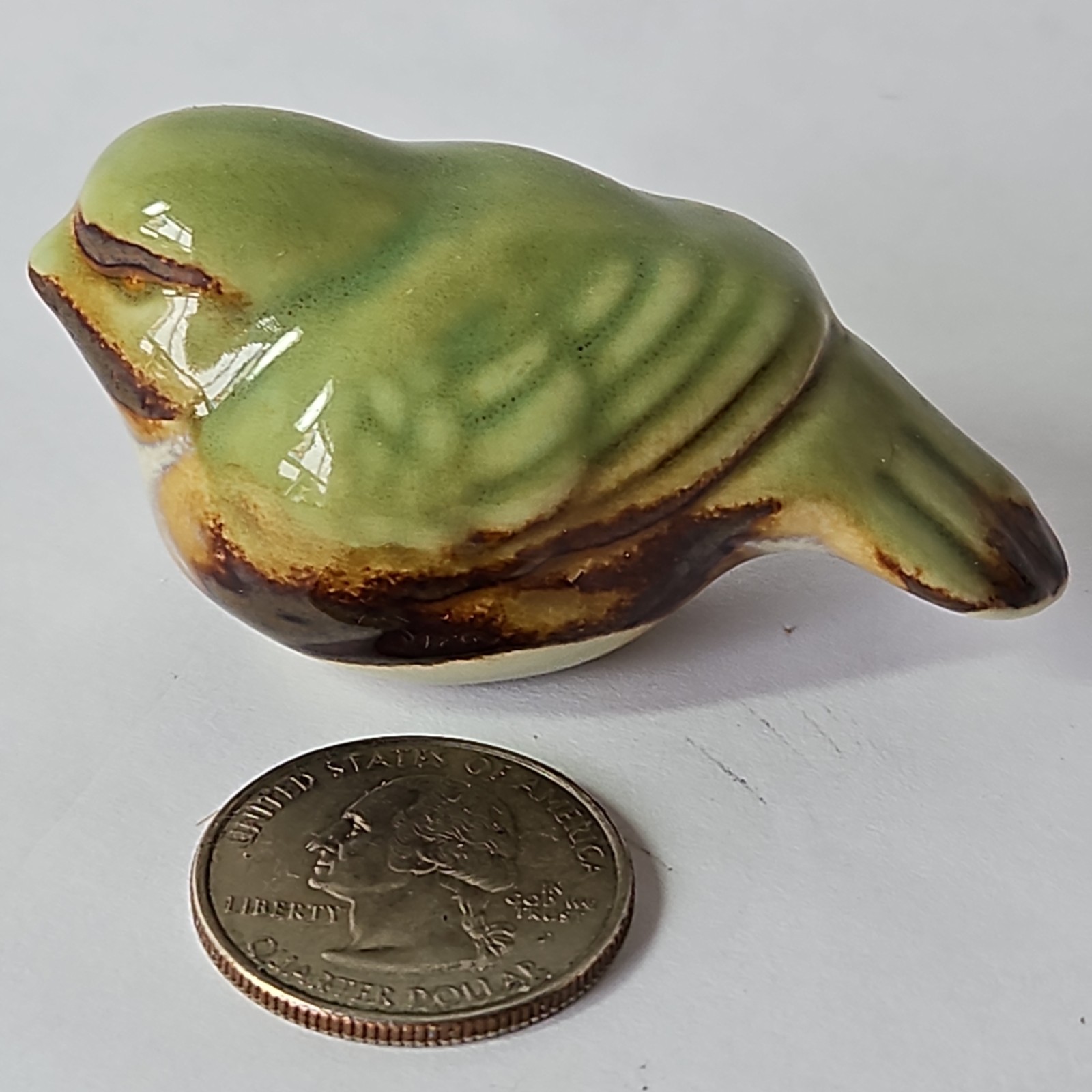 Set of 3 Ceramic Sparrow Bird Miniature Figurine Brown Green Glazed Pottery