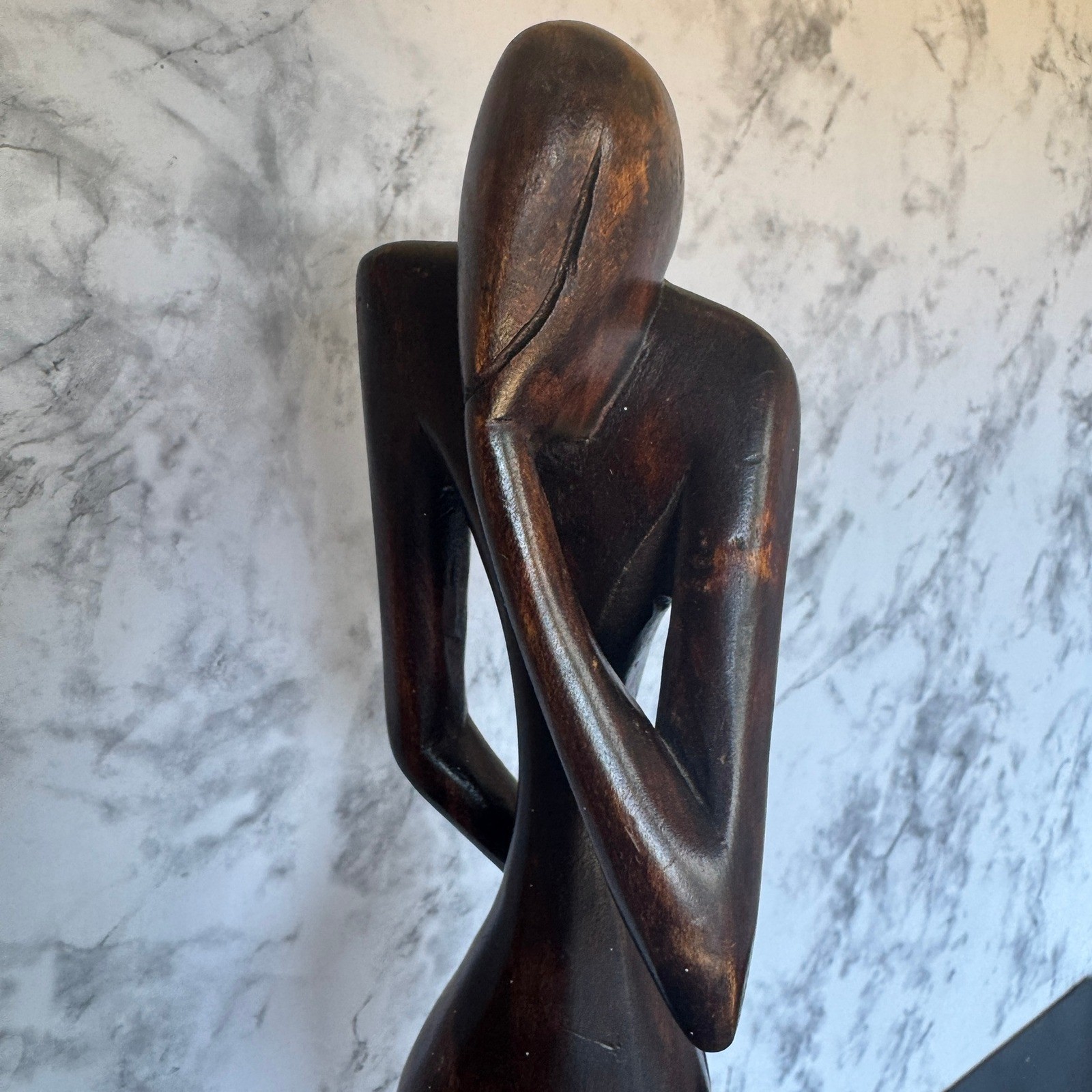 Abstract Wood Carving Sculpture, Thinking Woman Figurine, Modern Art Decor
